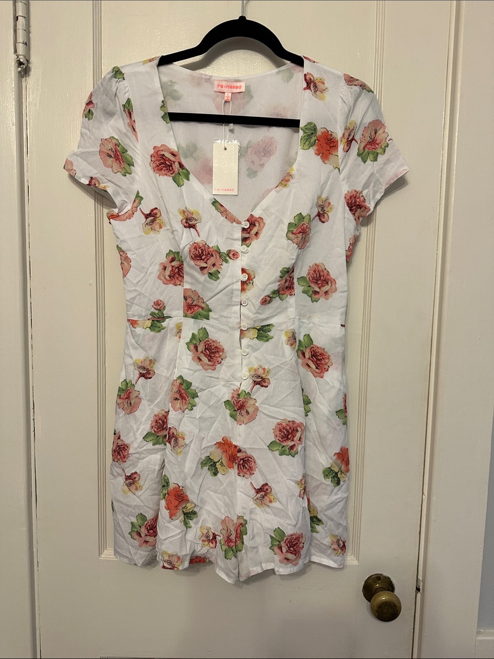 re:named White Floral Button-Front Summer Dress with Pink and Green Blooms